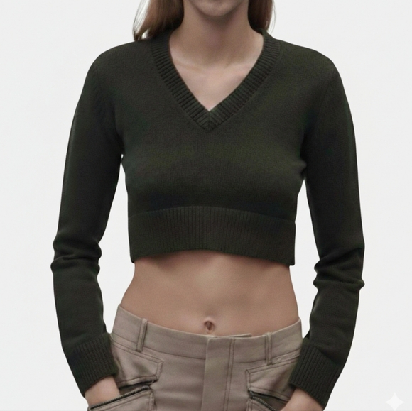 Zara Tops - Zara Olive Green Long Sleeve Crop Top Knit Vneck Sweater Sz Small Earthy Neutral